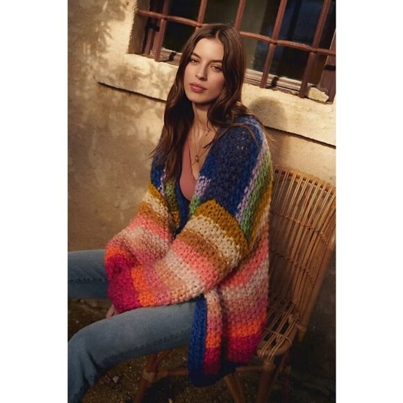 💕SAACHI💕 Mayflower Rainbow Stripe Cardigan ~ Hand Knit Multi-Color Medium - Picture 6 of 16